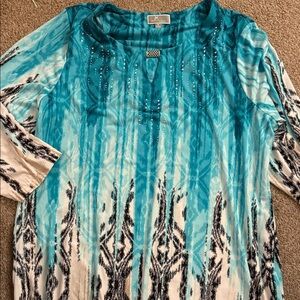 JM Collection Teal and Black Patterned Blouse